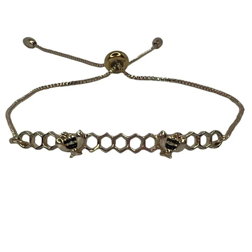 Bee and Honeycomb Hive Adjustable Bracelet Gold Color - Picture 1 of 7